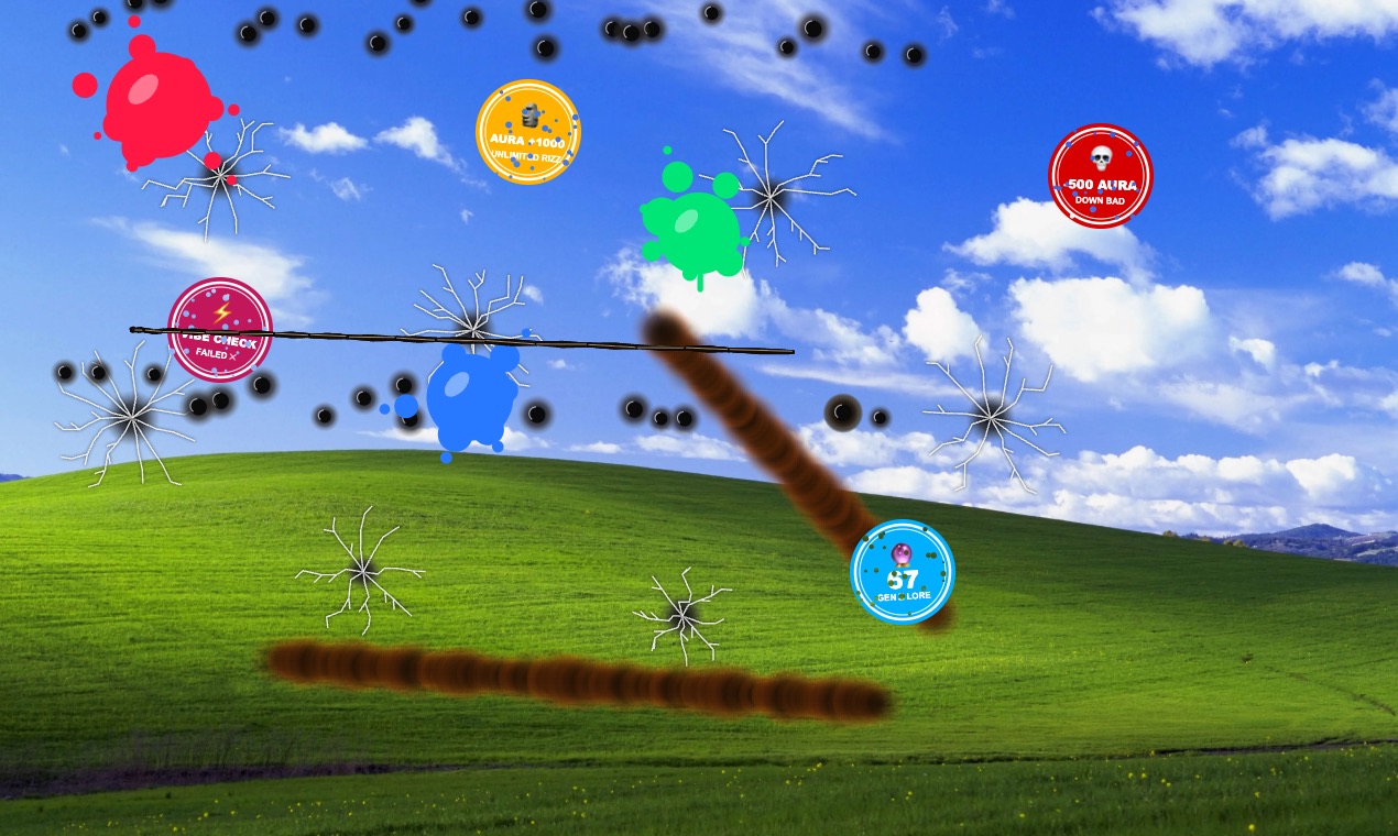 A retro desktop covered in hammer cracks, paint splashes, stamps, and bullet holes in Desktop Destroyer