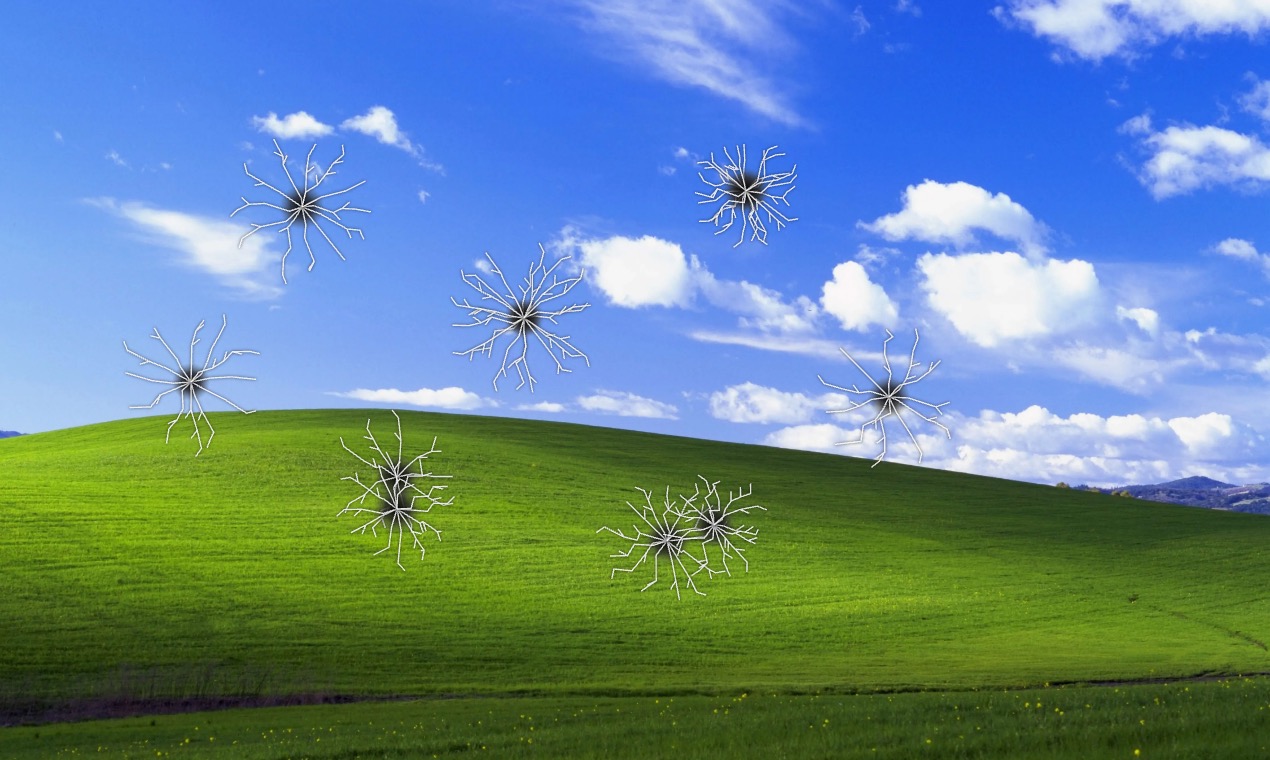Hammer impacts leaving spiderweb cracks across a virtual desktop